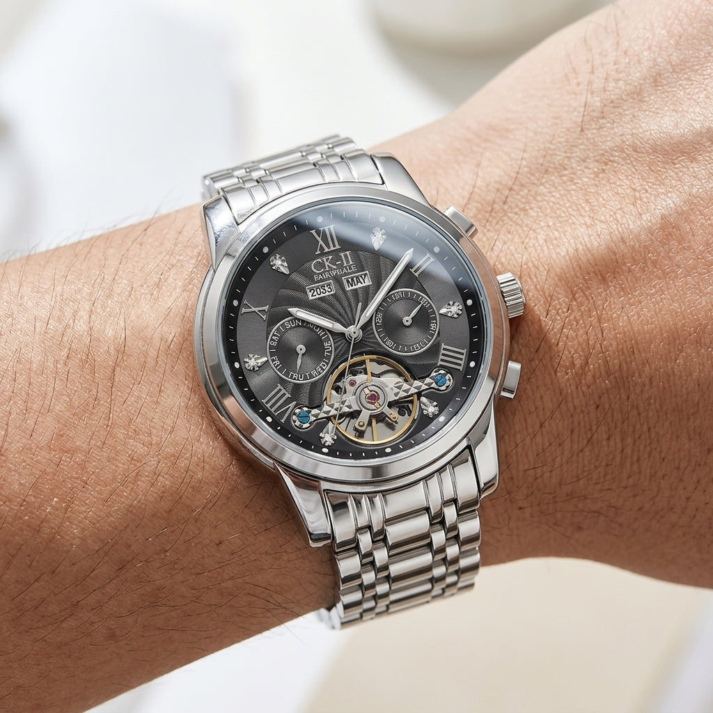 Silver wristwatch with a detailed face on a wrist against a neutral background