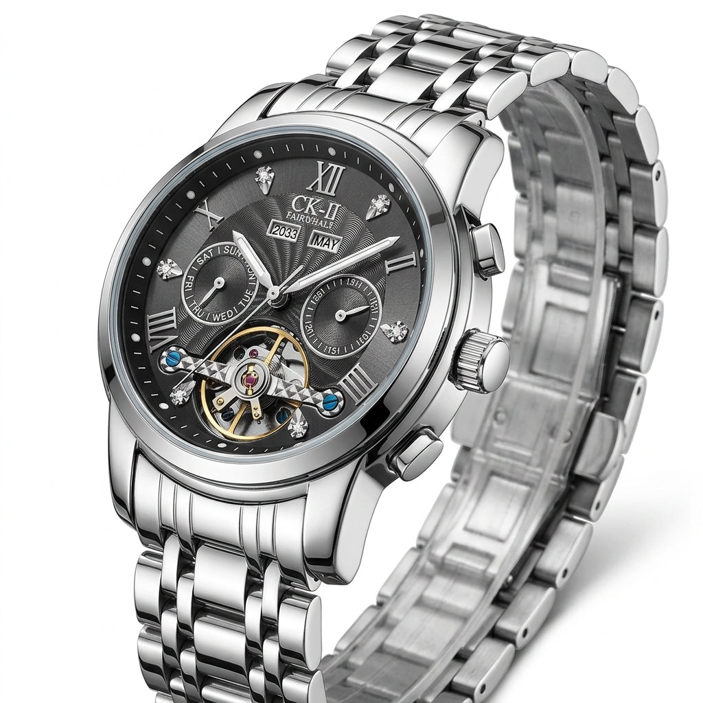 Silver wristwatch with detailed face on a white background