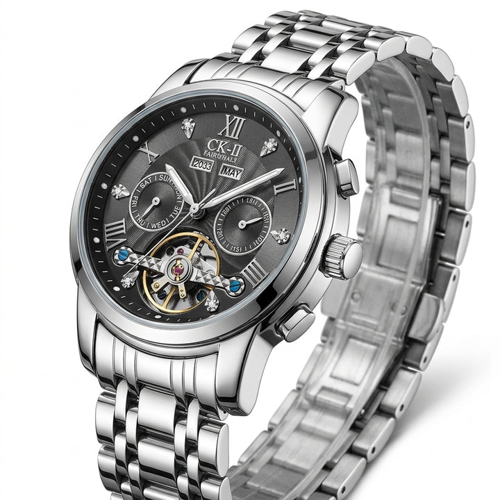 Silver wristwatch with detailed face on a white background