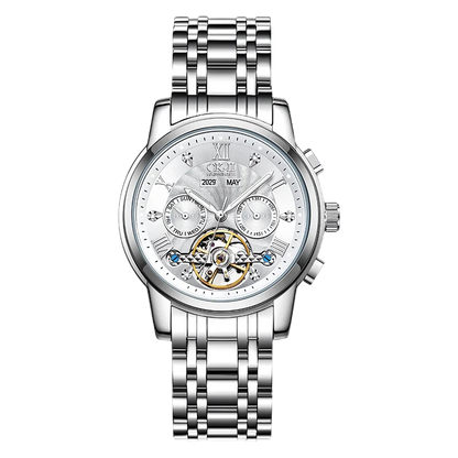 Silver wristwatch with detailed face on a white background
