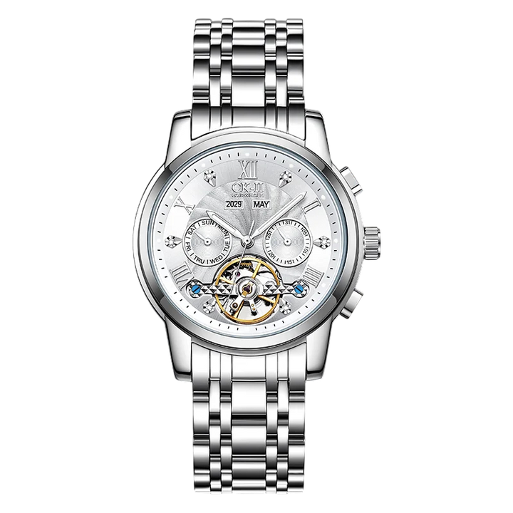 Silver wristwatch with detailed face on a white background