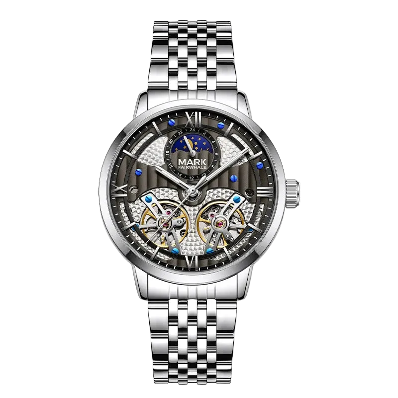 Silver wristwatch with detailed face on a white background