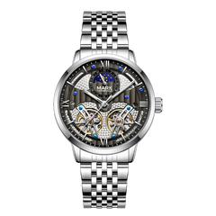 Silver wristwatch with detailed face on a white background