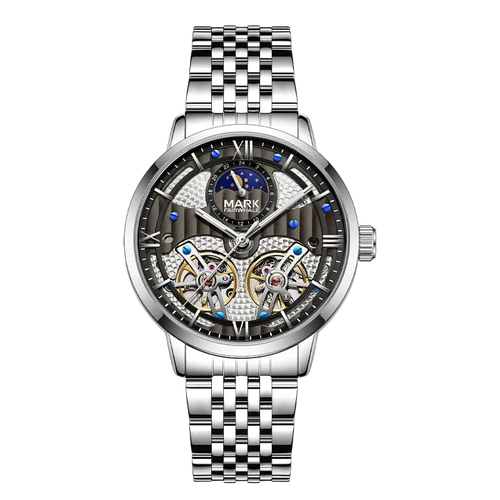 Silver wristwatch with detailed face on a white background