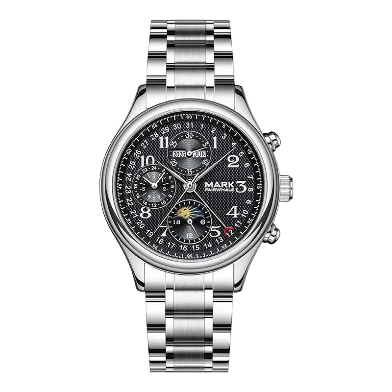 Silver wristwatch with a detailed face on a white background