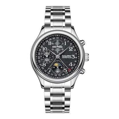 Silver wristwatch with a detailed face on a white background