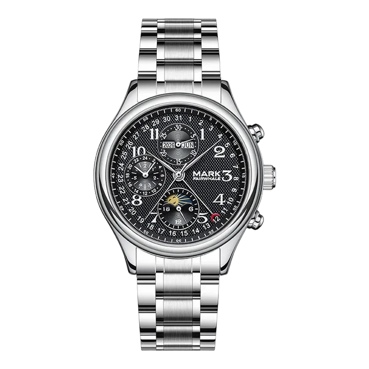 Silver wristwatch with a detailed face on a white background