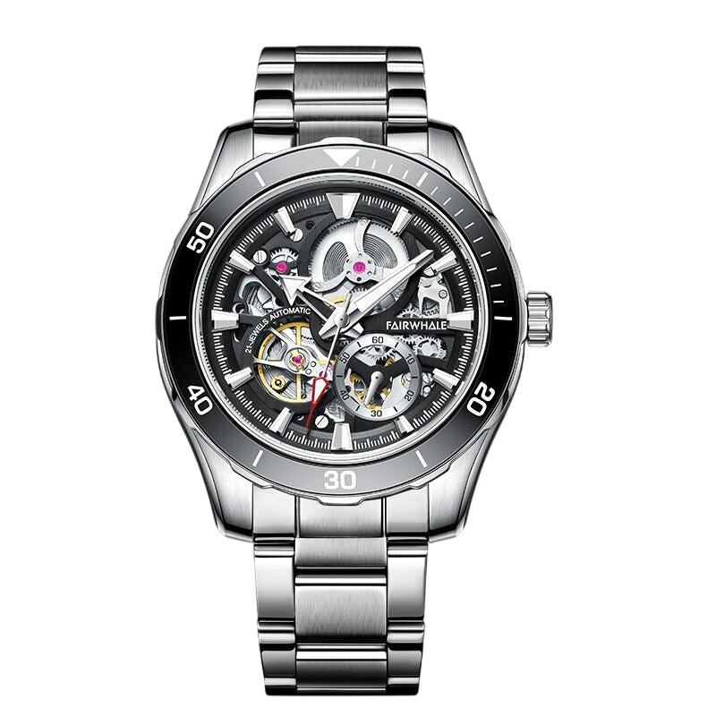 Silver wristwatch with black dial on a white background