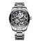 Silver wristwatch with black dial on a white background