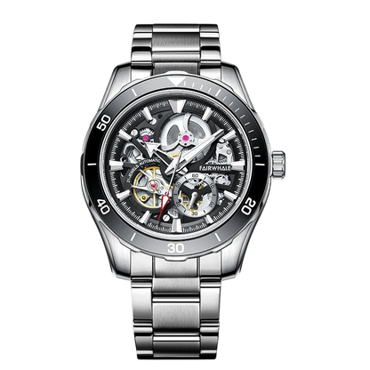 Silver wristwatch with black dial on a white background