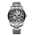 Silver wristwatch with black dial on a white background