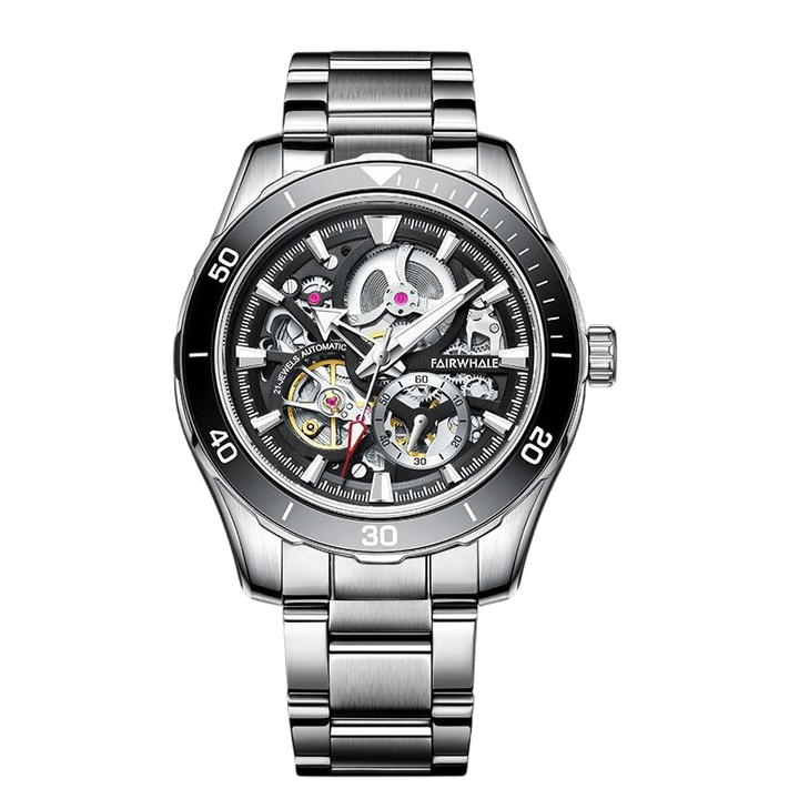 Silver wristwatch with black dial on a white background
