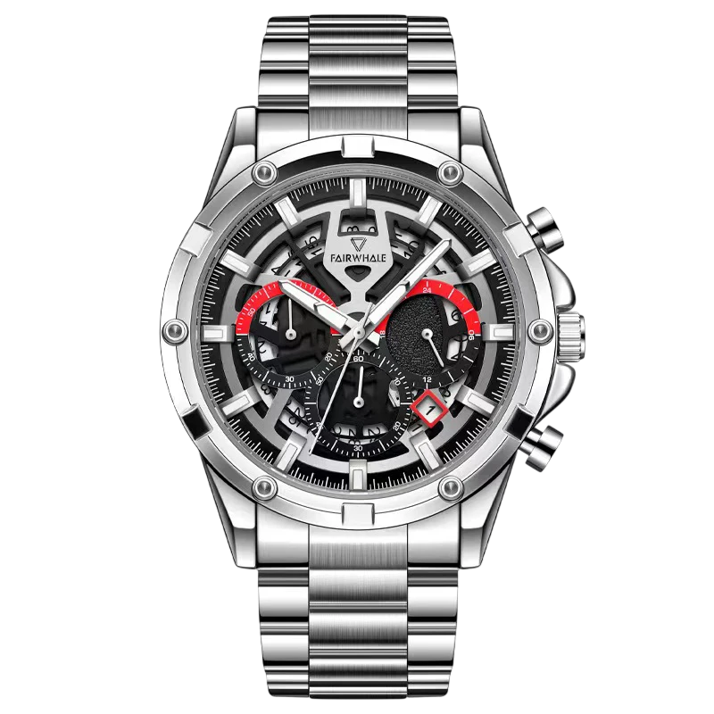 Silver wristwatch with a detailed face on a white background