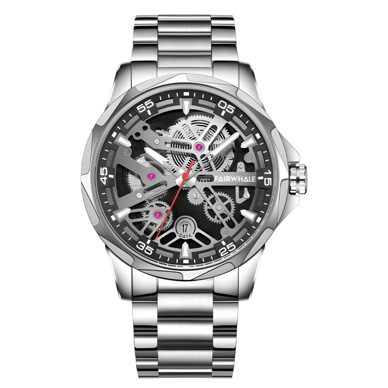 Silver wristwatch with a detailed face on a white background