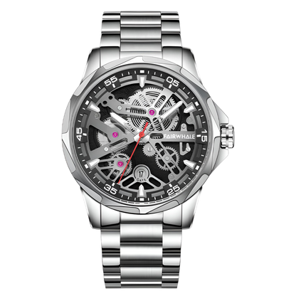 Silver wristwatch with a detailed face on a white background