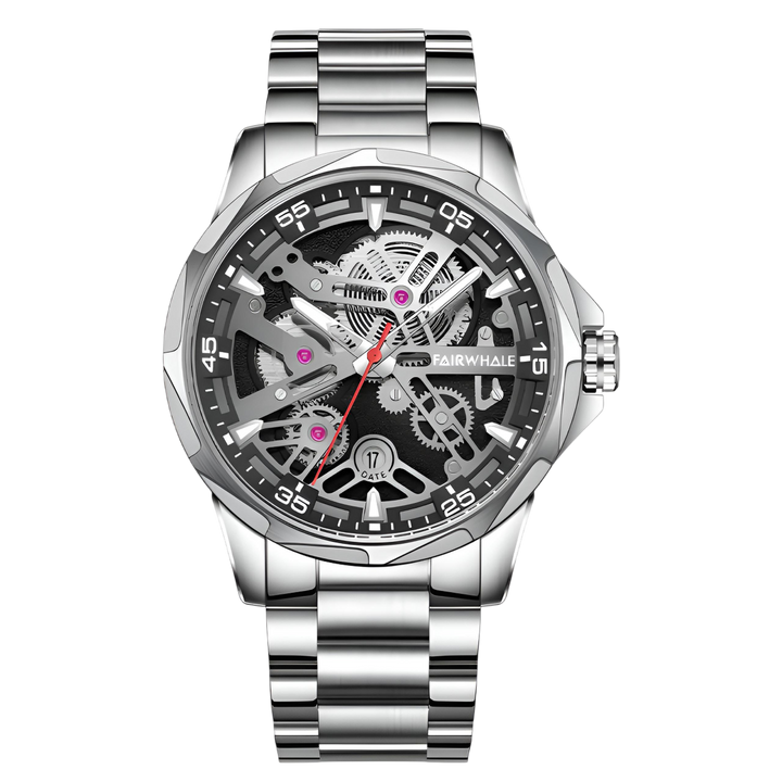 Silver wristwatch with a detailed face on a white background