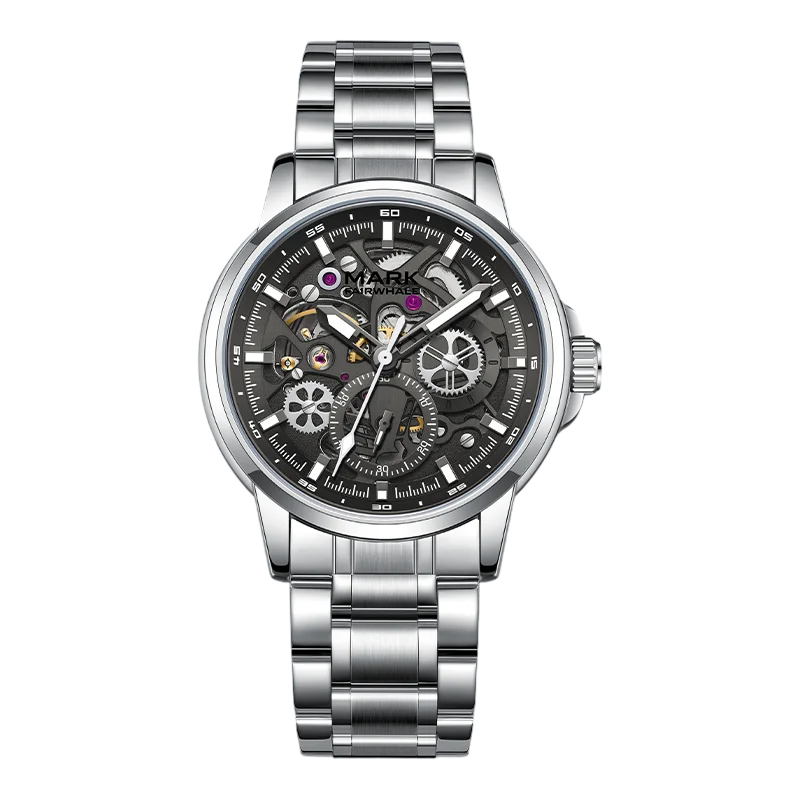 Silver wristwatch with a detailed black face on a white background