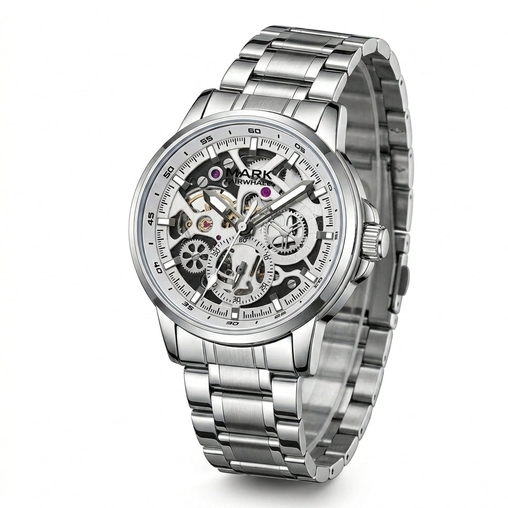 Silver wristwatch with a detailed face on a white background