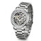 Silver wristwatch with a detailed face on a white background