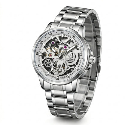 Silver wristwatch with a detailed face on a white background