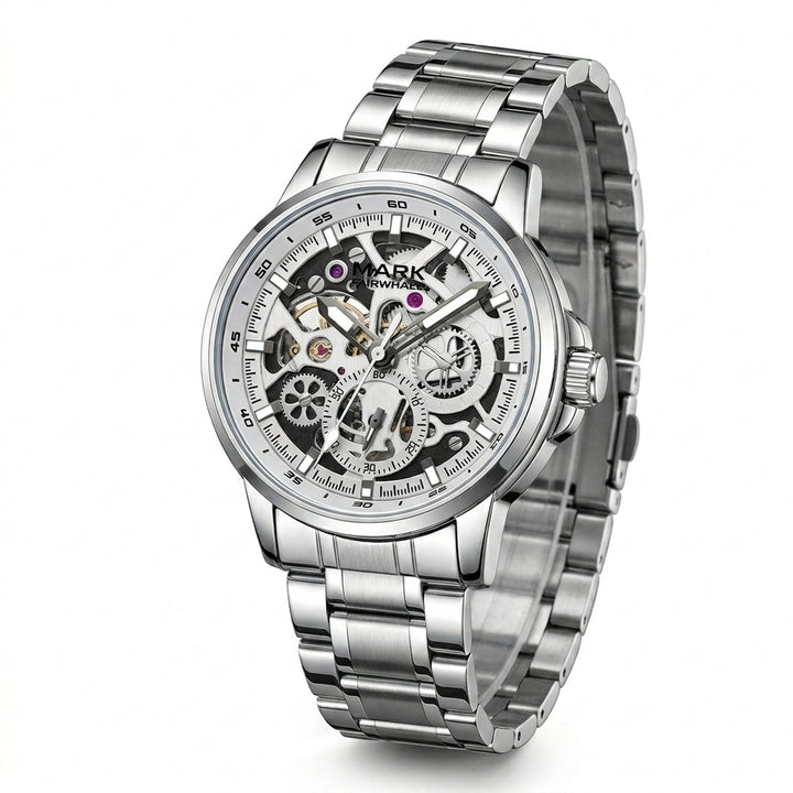 Silver wristwatch with a detailed face on a white background