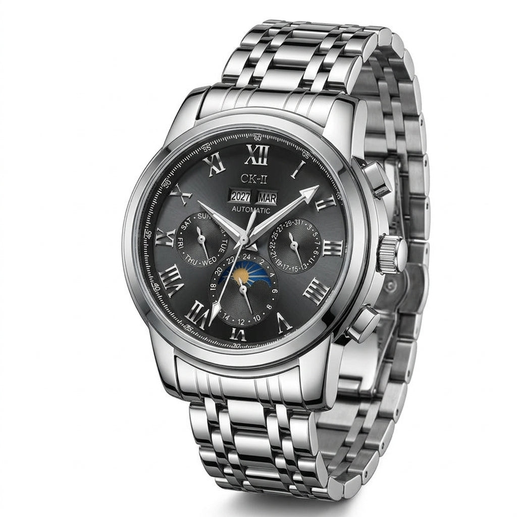 Silver wristwatch with a black dial on a white background