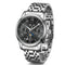 Silver wristwatch with a black dial on a white background