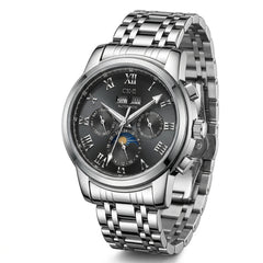 Silver wristwatch with a black dial on a white background