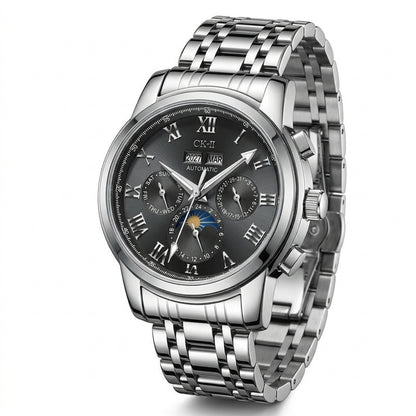 Silver wristwatch with a black dial on a white background