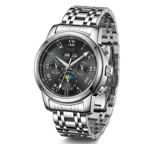 Silver wristwatch with a black dial on a white background