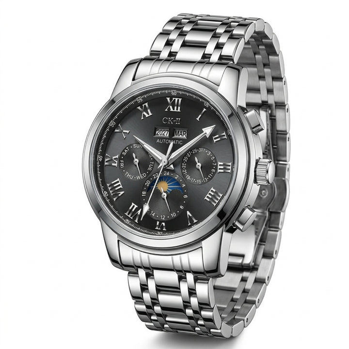 Silver wristwatch with a black dial on a white background