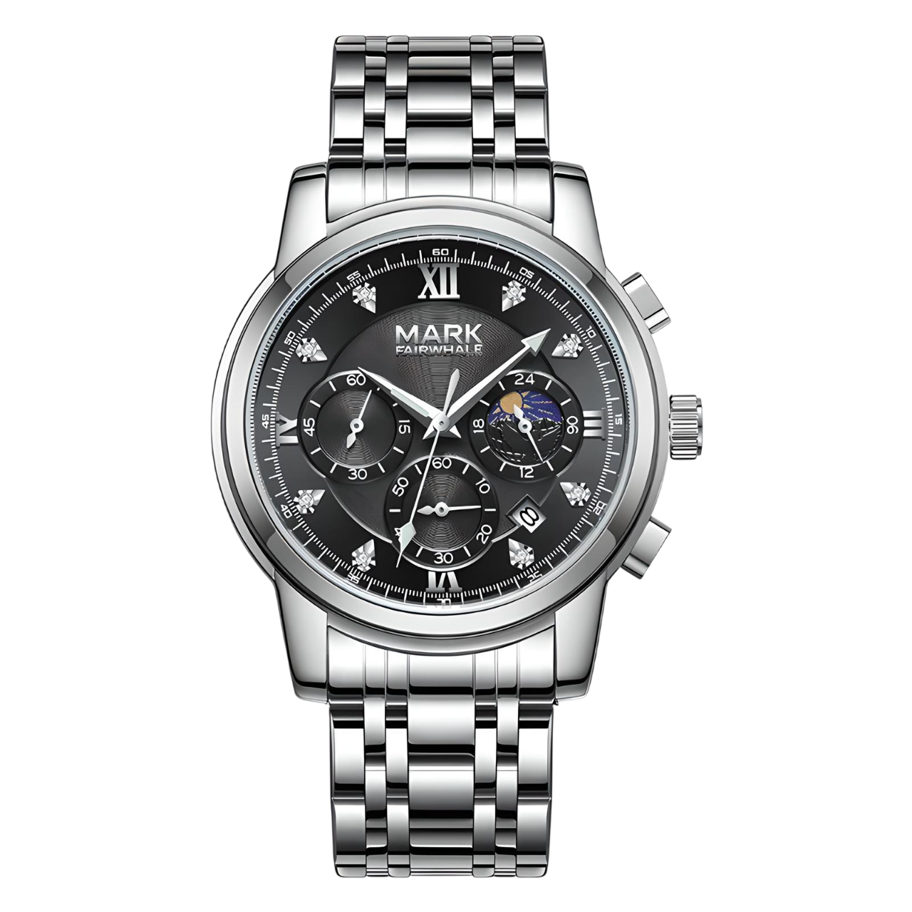Silver wristwatch with a black dial on a white background