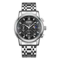 Silver wristwatch with a black dial on a white background