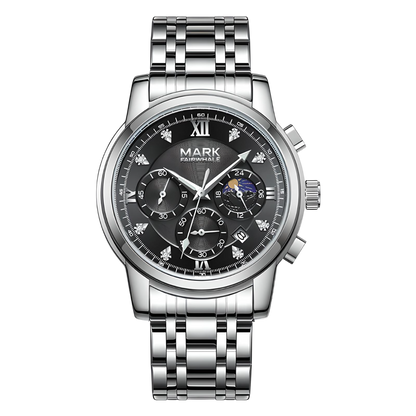 Silver wristwatch with a black dial on a white background