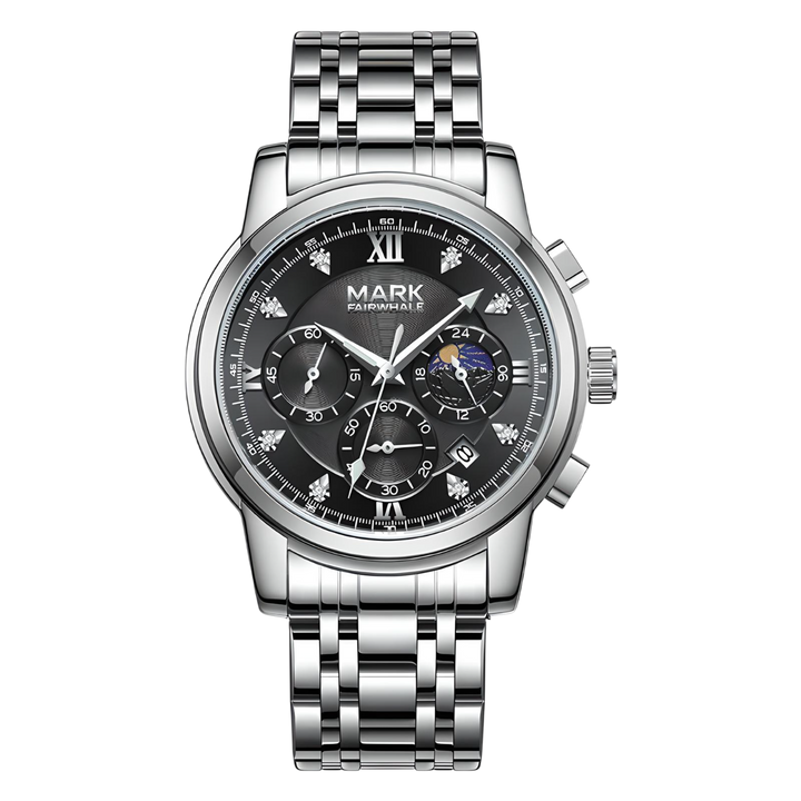 Silver wristwatch with a black dial on a white background