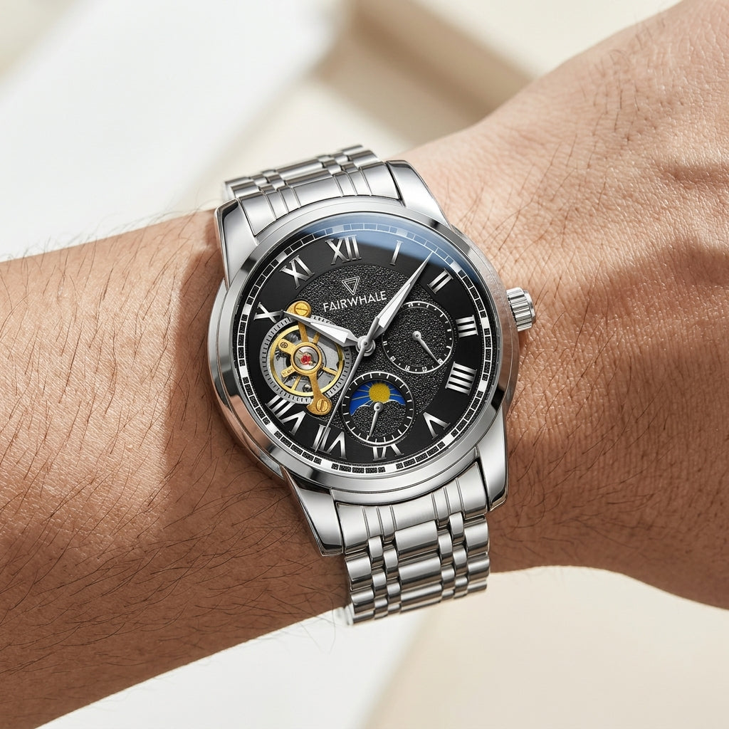 Silver wristwatch with a black face on a wrist, brand 'Fairwhale' visible