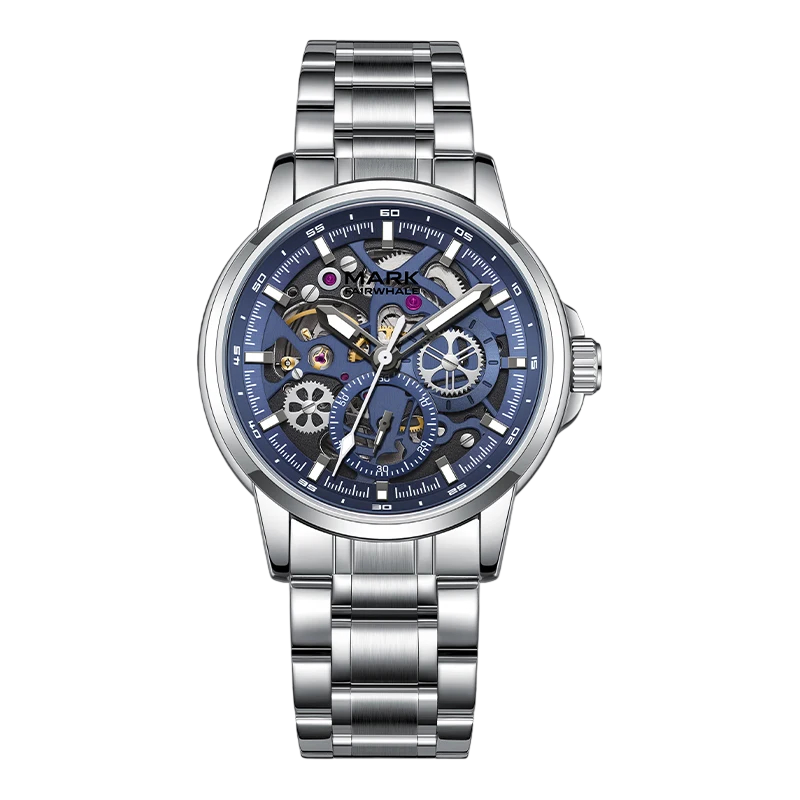 Silver wristwatch with a blue face on a white background