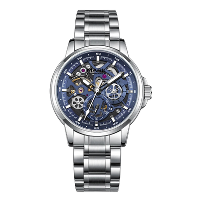 Silver wristwatch with a blue face on a white background