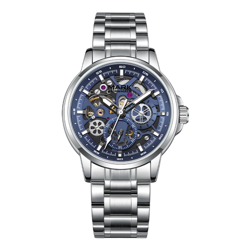 Silver wristwatch with a blue face on a white background