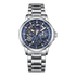 Silver wristwatch with a blue face on a white background