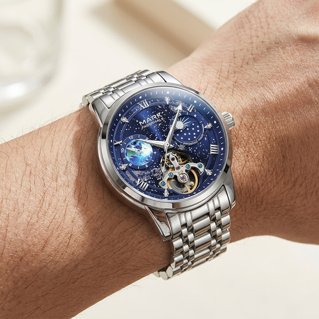 Silver wristwatch with a blue face on a person&