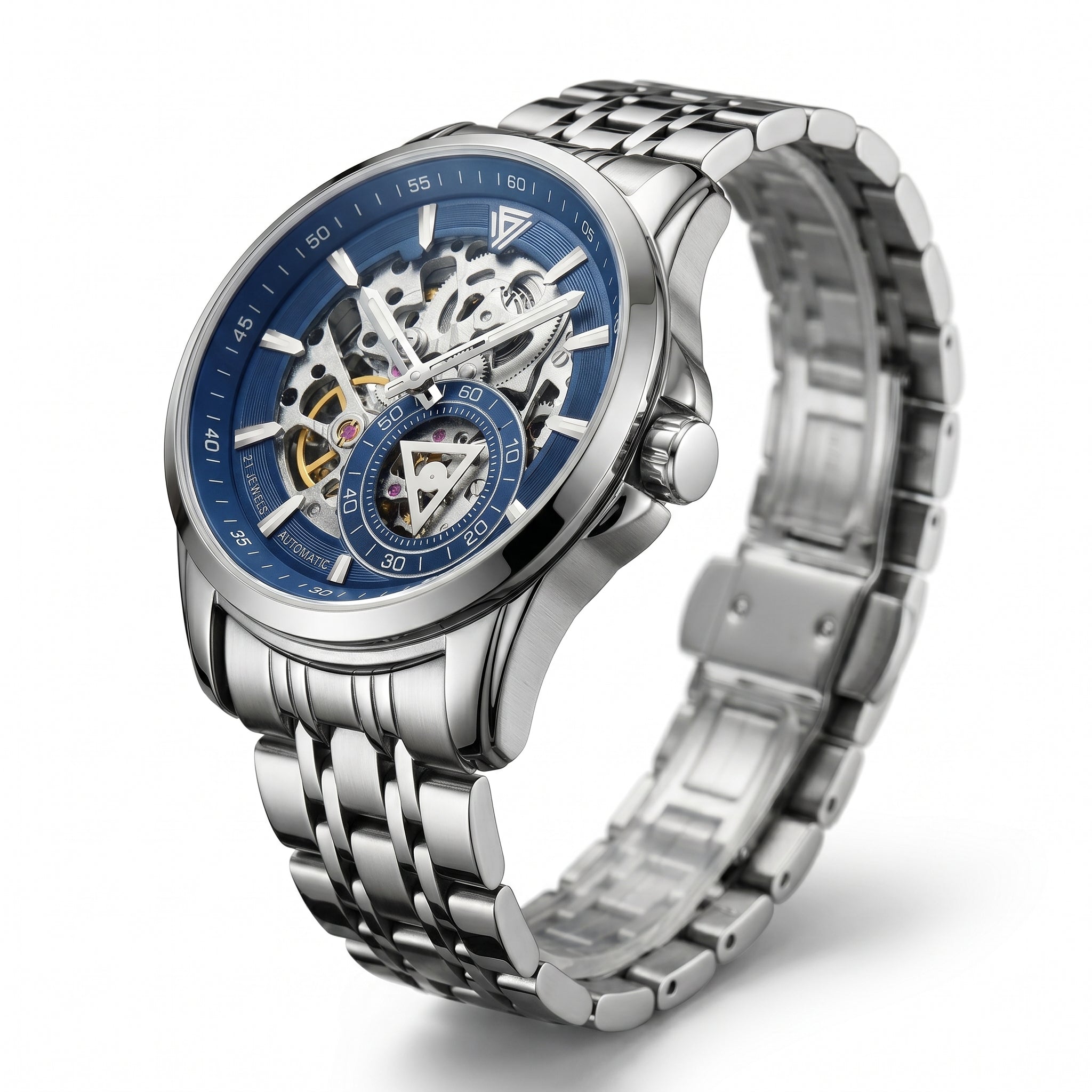 Silver wristwatch with a blue face on a white background