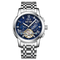 Silver wristwatch with a blue face on a white background