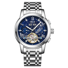 Silver wristwatch with a blue face on a white background