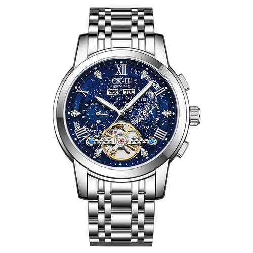 Silver wristwatch with a blue face on a white background