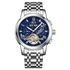 Silver wristwatch with a blue face on a white background