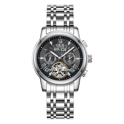 Silver wristwatch with a detailed face on a white background