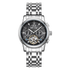 Silver wristwatch with a detailed face on a white background