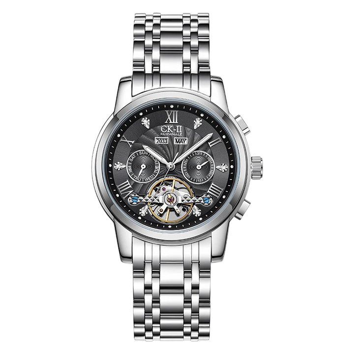 Silver wristwatch with a detailed face on a white background