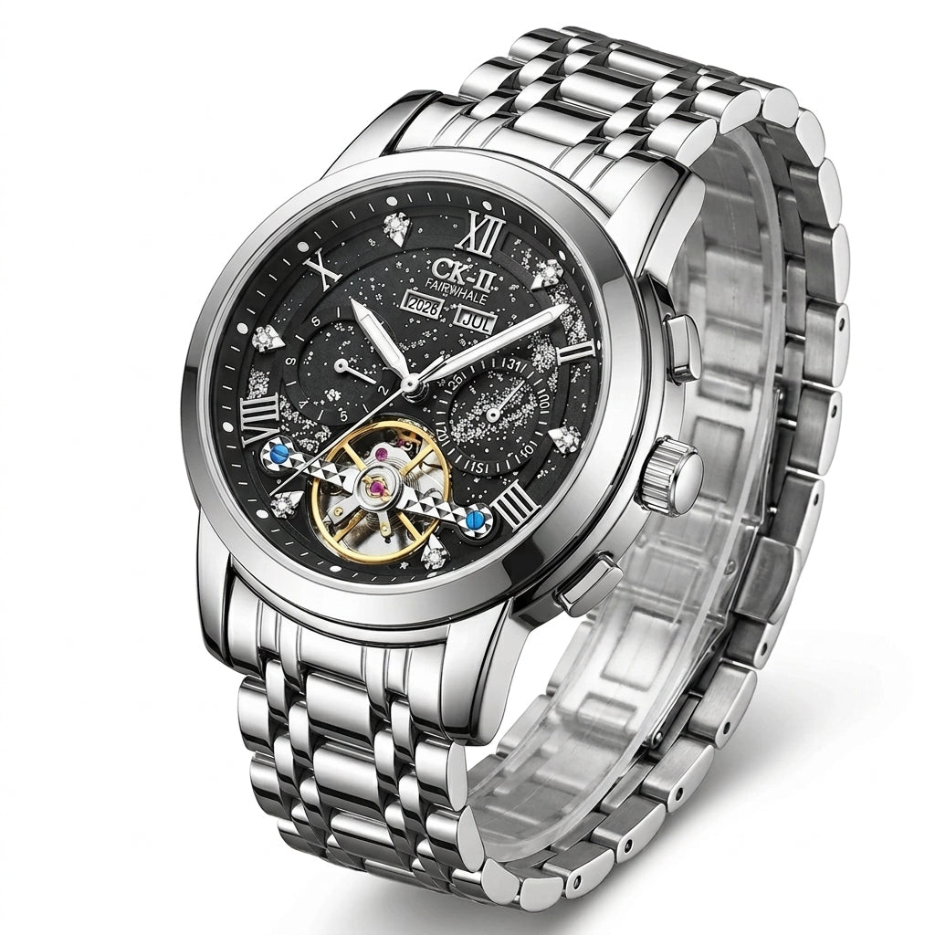 Silver wristwatch with a detailed face on a white background